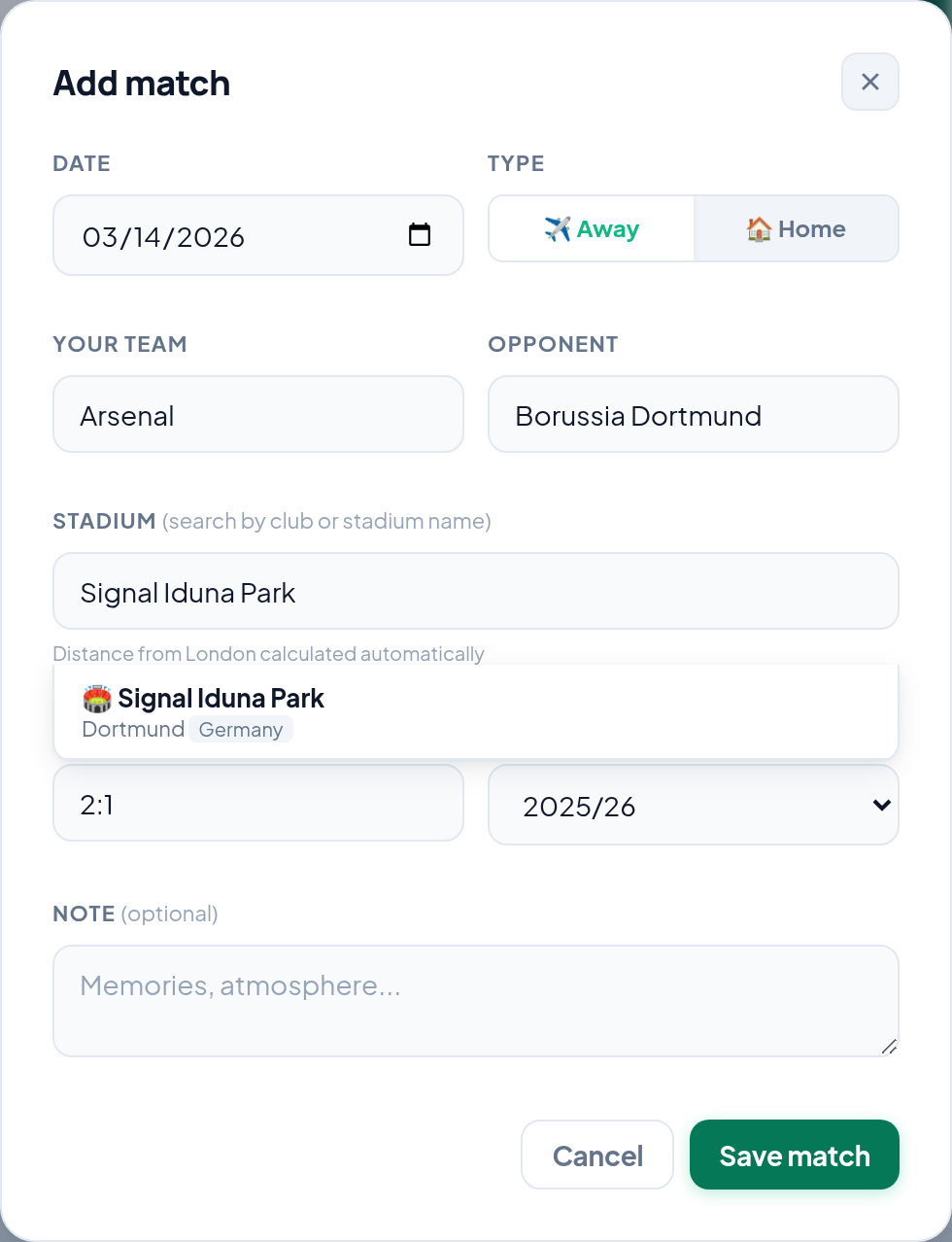 The Add match form filled in with a date, Arsenal, Borussia Dortmund and a stadium search showing Signal Iduna Park in Dortmund, Germany