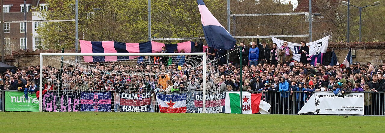 A packed terrace behind the goal at Champion Hill: hundreds of supporters standing shoulder to shoulder behind a rail, pink and navy striped flags and banners reading Dulwich Hamlet draped along the fence, a large flag being waved above the crowd, and bare trees and houses beyond