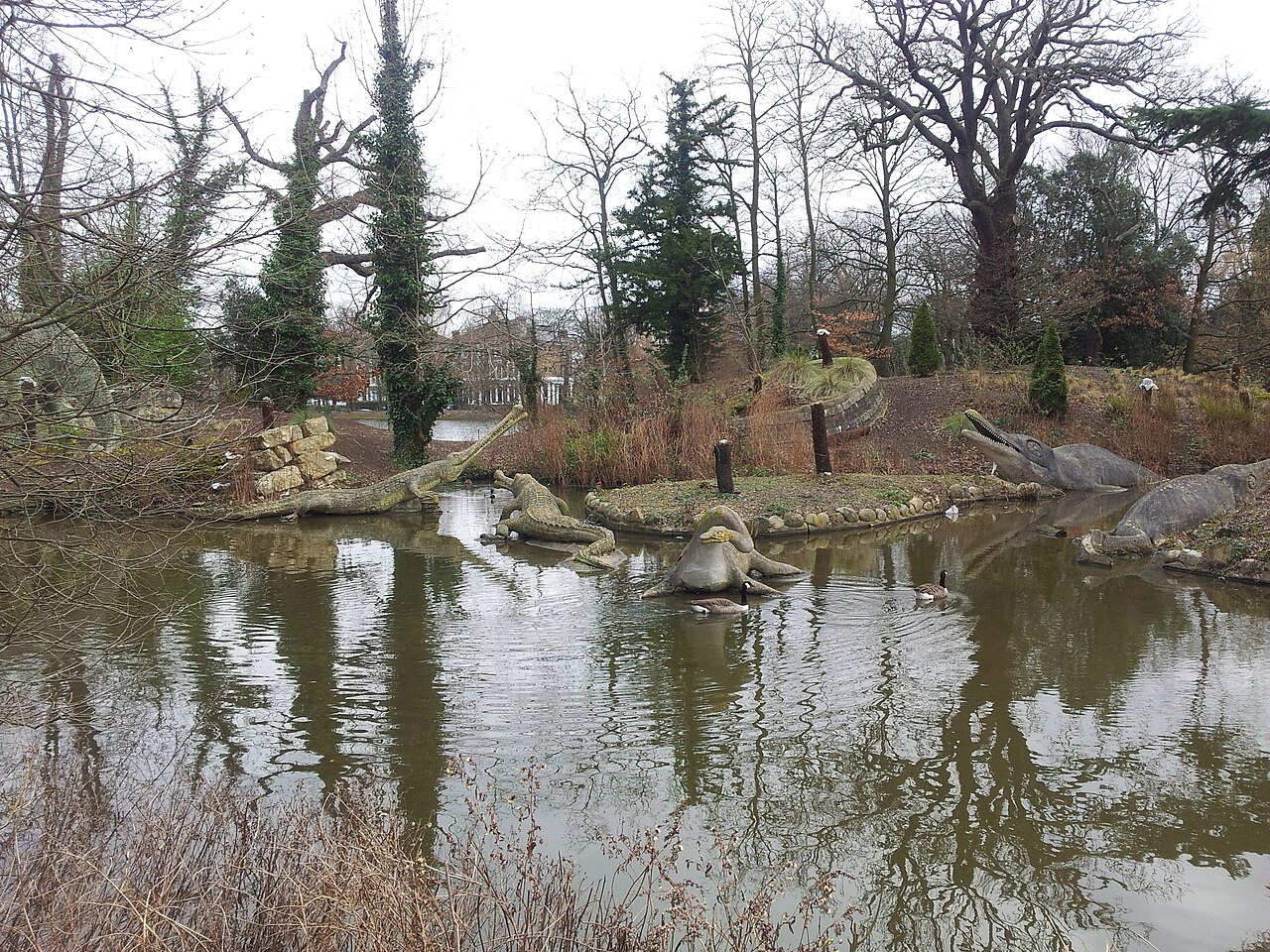 The Victorian dinosaur sculptures in Crystal Palace Park: pale stone models of marine reptiles with long necks and open jaws lying on small islands at the edge of a lake, geese swimming in front of them and bare winter trees behind