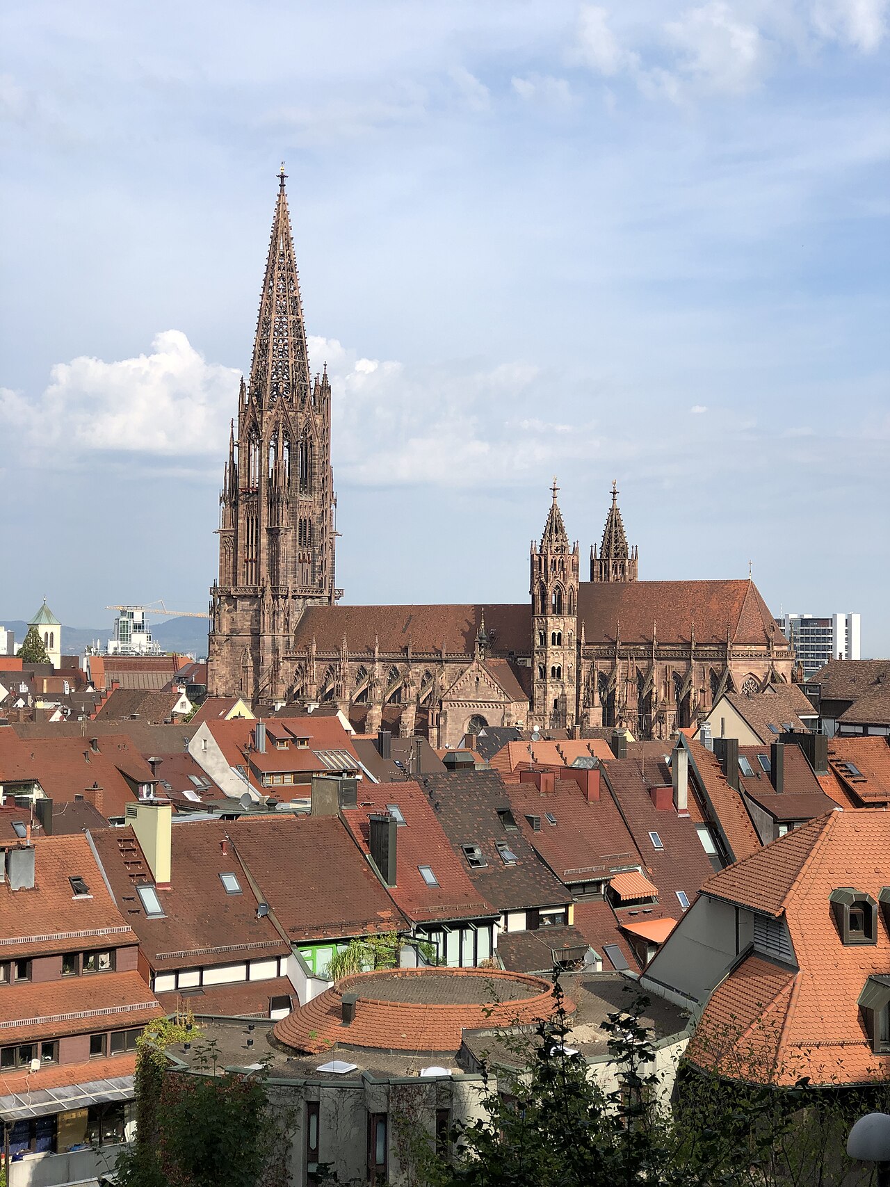 Freiburg Minster seen over the red-tiled rooftops of the old town: a red sandstone Gothic church with a tall openwork tower and a long nave, with wooded hills faintly visible beyond