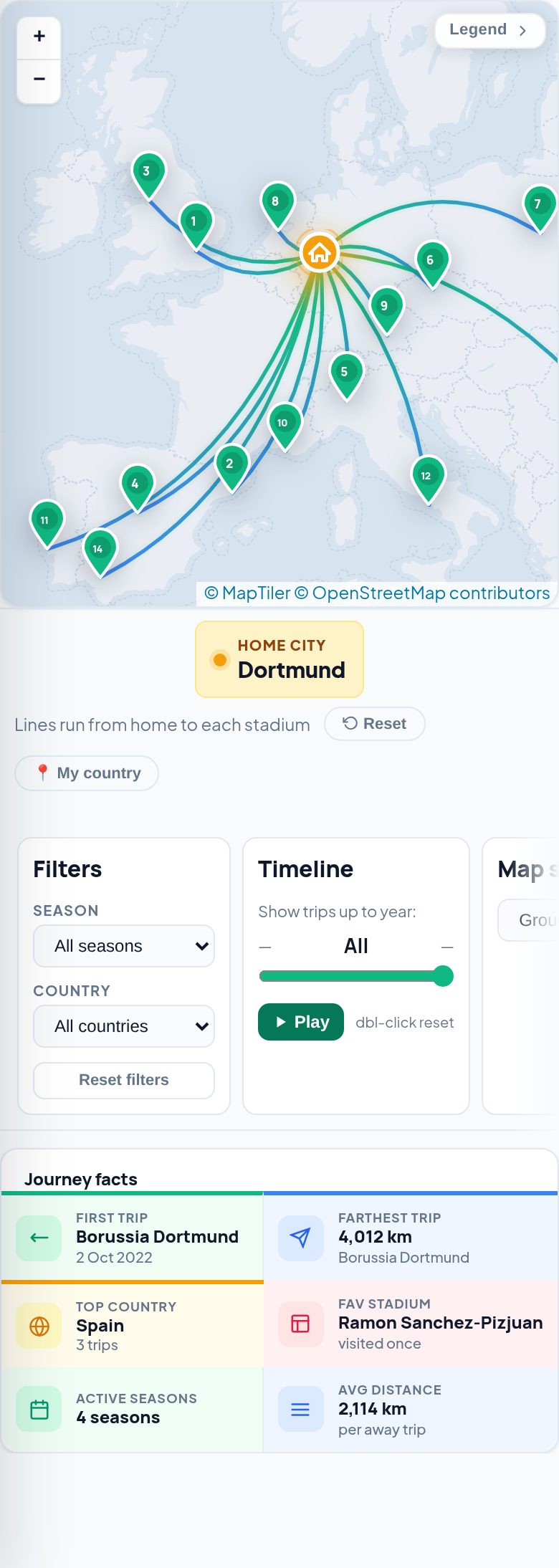 Journey map on a phone — routes from home to every stadium visited