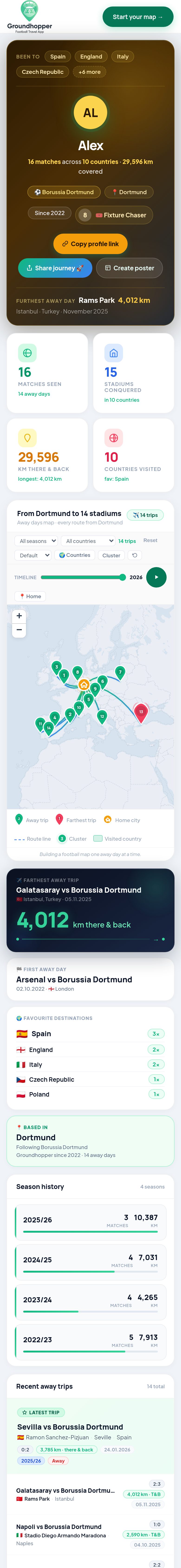 Public profile on a phone — stadiums, countries and kilometres